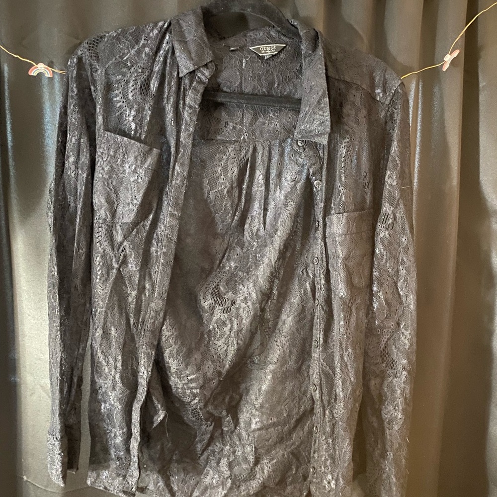 Guess Lace Button Up, Black Long Sleeve